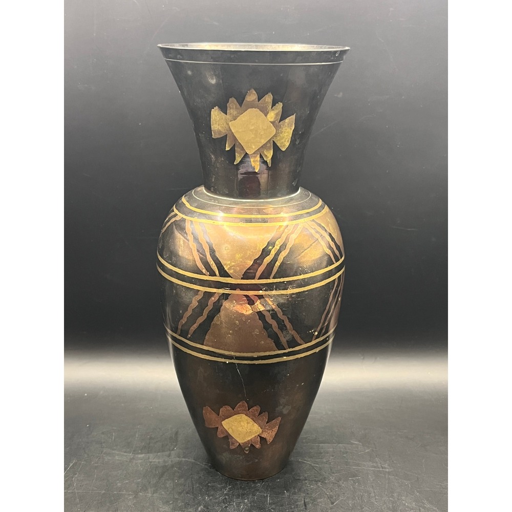 Vtg Solid Brass Black Etched Floral Geometric Vase Art Deco Style Decorative 10"